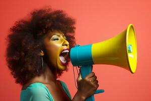 Happy woman holding megaphone on bright color background in fashion style photo