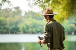 Male tourist looking at map on smartphone at lakeside photo