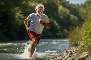 Healthy senior man jogging at the riverside photo