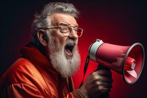 Happy senior man holding megaphone on bright color background photo