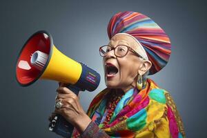 Happy senior woman holding megaphone on bright color background photo