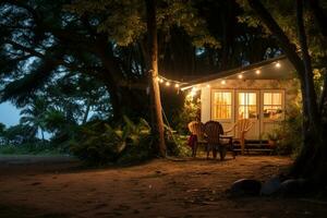 Cottage house for a restaurant on the beach with bright lights photo