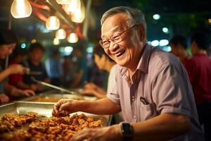 un mayor hombre comiendo felizmente a un calle comida mercado foto