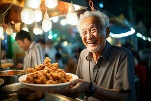 un mayor hombre comiendo felizmente a un calle comida mercado foto