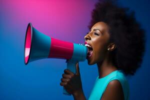 Happy woman holding megaphone on bright color background in fashion style photo