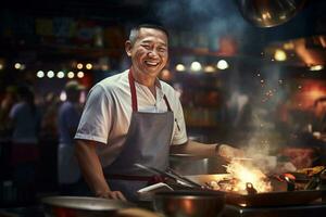 Local male chef happily cooks at street food market photo