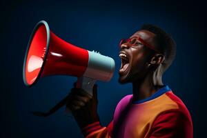 Happy man holding megaphone on bright color background photo