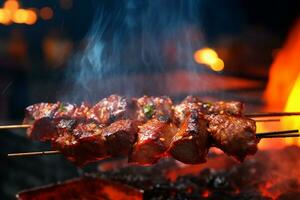 delicioso A la parrilla carne de vaca o Cerdo terminado un carbón parrilla a el calle comida mercado foto