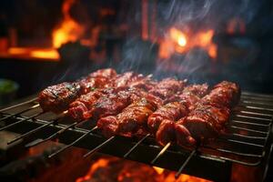 Delicious grilled beef or pork over a charcoal grill at the street food market photo