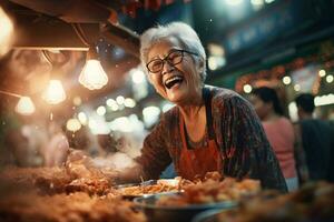 Local female chef happily cooks at street food market photo