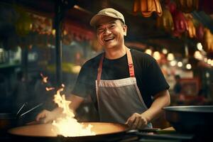 Local male chef happily cooks at street food market photo