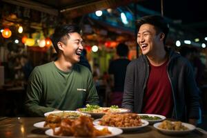 Group of young male friends eating happily at a street food market photo