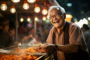 un mayor hombre comiendo felizmente a un calle comida mercado foto