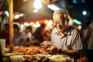 un mayor hombre comiendo felizmente a un calle comida mercado foto