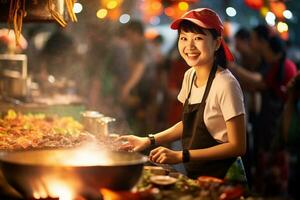 Local female chef happily cooks at street food market photo