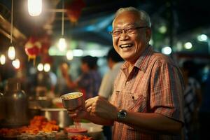 un mayor hombre comiendo felizmente a un calle comida mercado foto