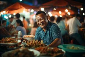 A man eating happily at a street food market photo