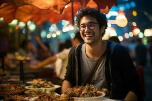 un hombre comiendo felizmente a un calle comida mercado foto