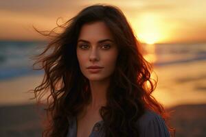 Beautiful woman standing and looking at the sky at the seaside photo