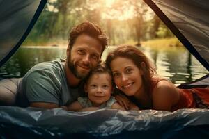 contento familia picnic en un tienda a el orilla foto