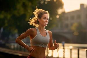 Healthy woman jogging at the riverside photo