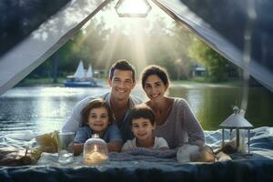 Happy family picnicking in a tent at the riverside photo