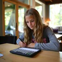 Girl doing math homework photo