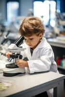 Child using a microscope in a science lab photo