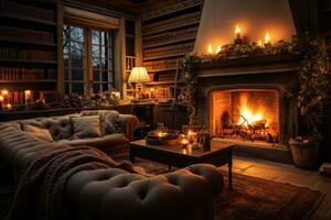 Cozy living room with a decorated tree and wrapped gifts photo