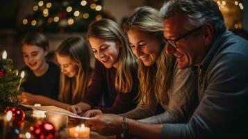 Family gathered around a fireplace, opening presents photo