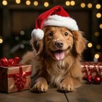 A dog wearing a Santa hat sitting next to a wrapped present photo