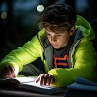 Boy reading a textbook with a highlighter photo