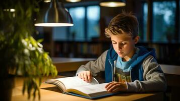 Boy reading a textbook with a highlighter photo