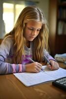 Girl doing math homework photo