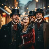 A group of carolers dressed in Victorian attire singing on a snowy street. photo