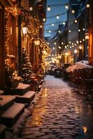 festivo luces y decoraciones en un Nevado calle. foto