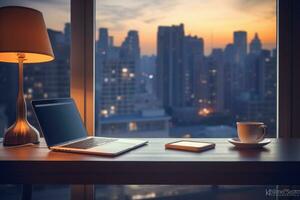 computer desk and camera in office with blurred window view photo