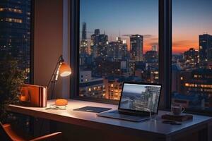 computer desk and camera in office with blurred window view photo