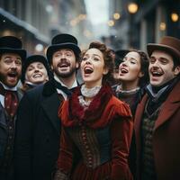 A group of carolers dressed in Victorian attire singing on a snowy street. photo