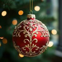 Close-up of a red and gold Christmas ornament on a tree photo