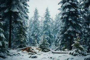 cubierto de nieve pino arboles en un invierno mundo maravilloso. foto