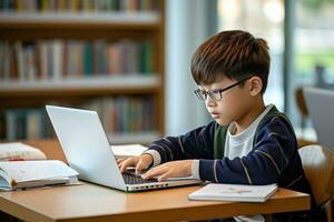 Boy studying with a laptop and notebook photo