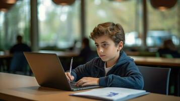 Boy studying with a laptop and notebook photo