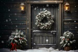 A festive wreath hanging on a wooden door, surrounded by falling snowflakes photo