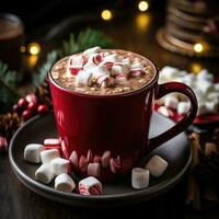 A close-up of a mug of hot cocoa with marshmallows and a candy cane photo