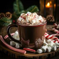 A close-up of a mug of hot cocoa with marshmallows and a candy cane photo