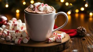 A close-up of a mug of hot cocoa with marshmallows and a candy cane photo