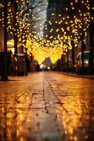 Golden Christmas lights illuminating a city street. photo