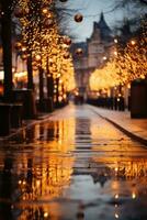 Golden Christmas lights illuminating a city street. photo