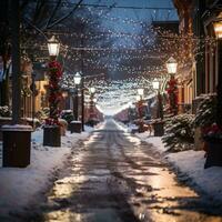 festivo luces y decoraciones en un Nevado calle. foto